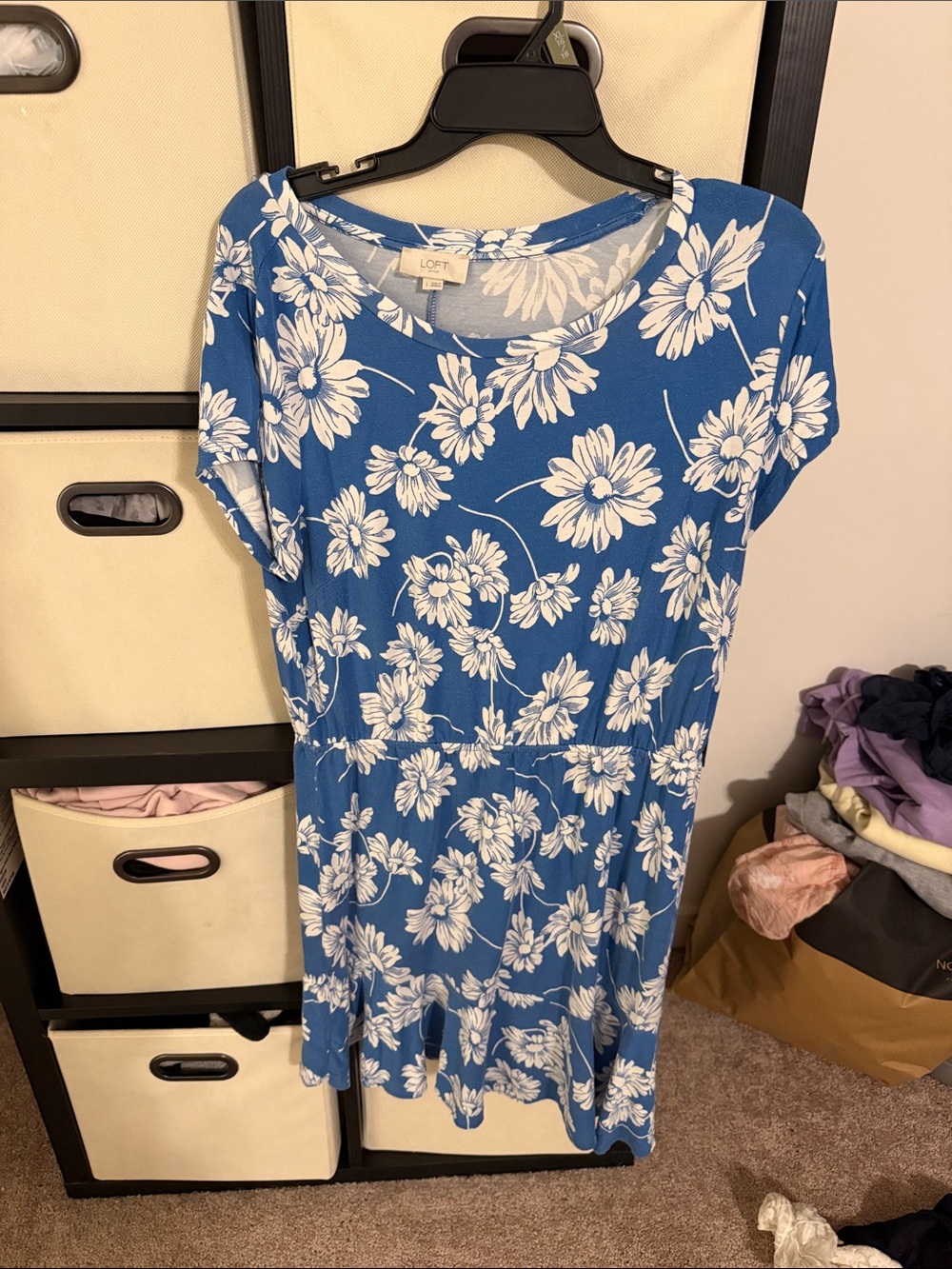 Loft Blue Floral Short Sleeve Dress with White Daisy Print